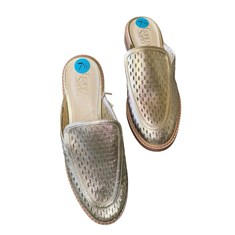 NEW Franco Sarto Aimee Gold Loafer Mule Slip On Eyelet Detail Comfort 7.5
